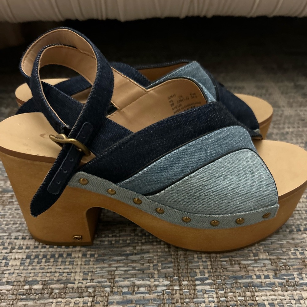 Coach wooden and denim clog wedge sandals size 6